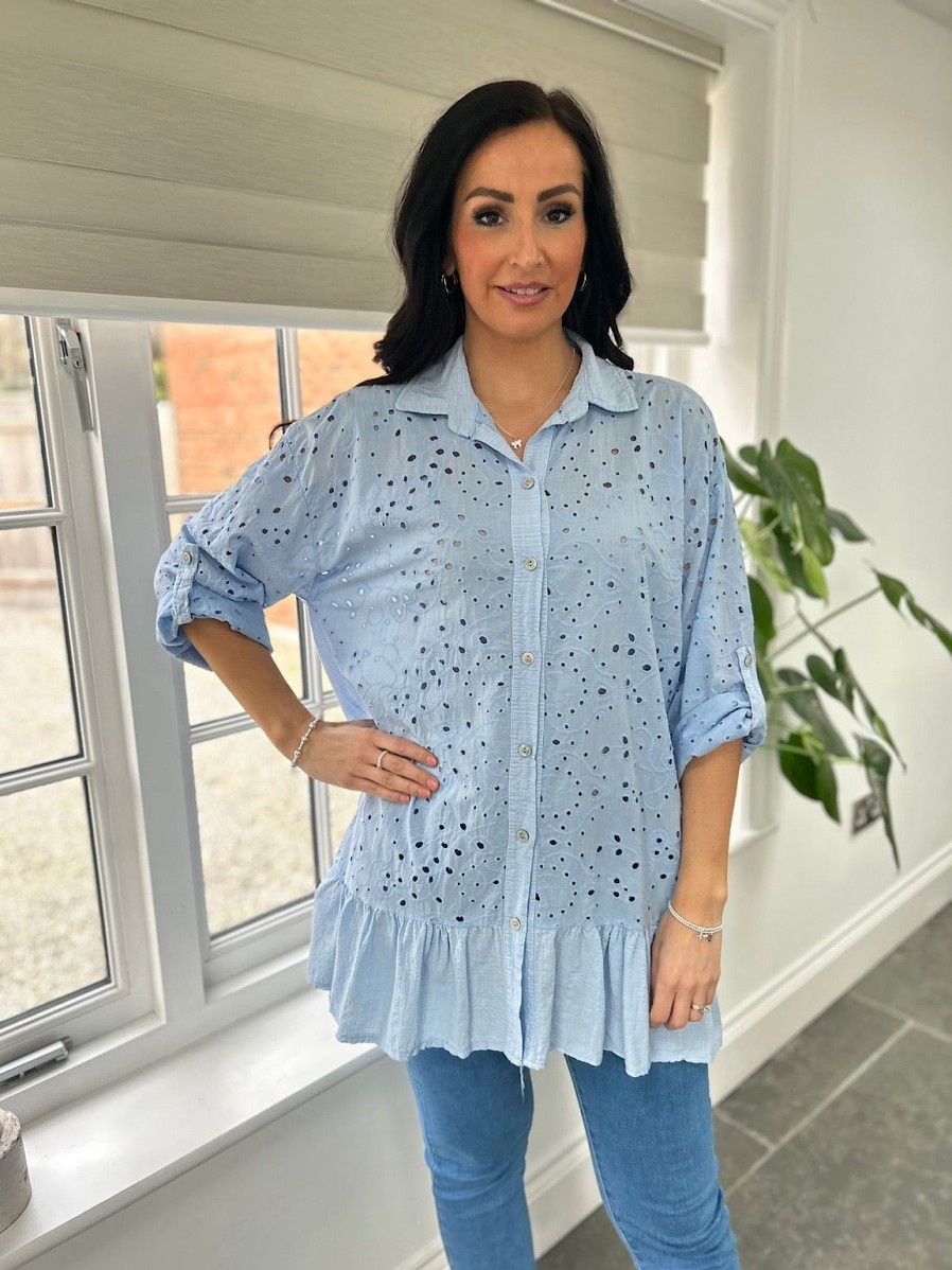 Clothing Elisa Ye Shirts & Blouses | Blue Broderie Anglaise Frill Hem Tunic Devon