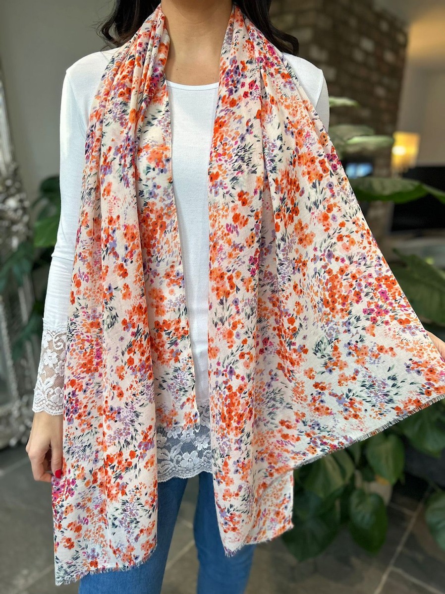 Bags & Accessories Twenty One Fashion | Orange Spring Floral Raw Edge Scarf