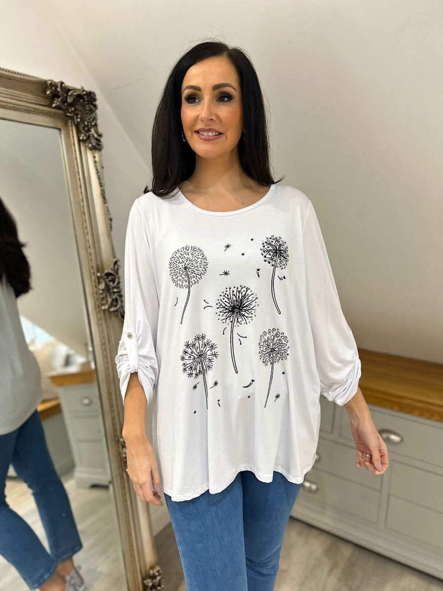 Clothing Miss One Long Sleeve | White Diamante Dandelion Pattern Top Tanya