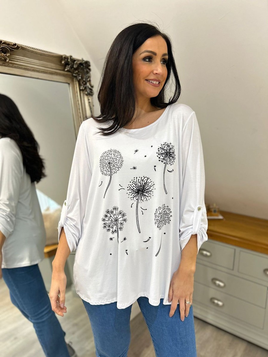 Clothing Miss One Long Sleeve | White Diamante Dandelion Pattern Top Tanya