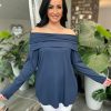 Clothing Shengtai Long Sleeve | Navy Ribbed Off Shoulder Top Ruby