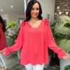 Clothing Shengtai Shirts & Blouses | Coral Crepe Frill Shoulder Blouse Danni