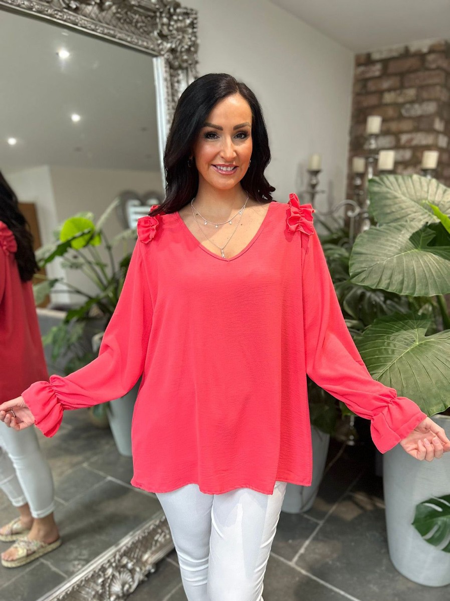 Clothing Shengtai Shirts & Blouses | Coral Crepe Frill Shoulder Blouse Danni