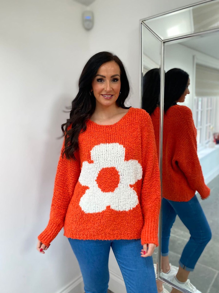 Clothing Paris Collection Chunky Knitwear | Orange Popcorn Knit Floral Jumper Delilah