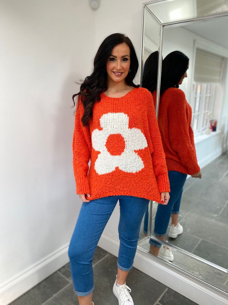 Clothing Paris Collection Chunky Knitwear | Orange Popcorn Knit Floral Jumper Delilah