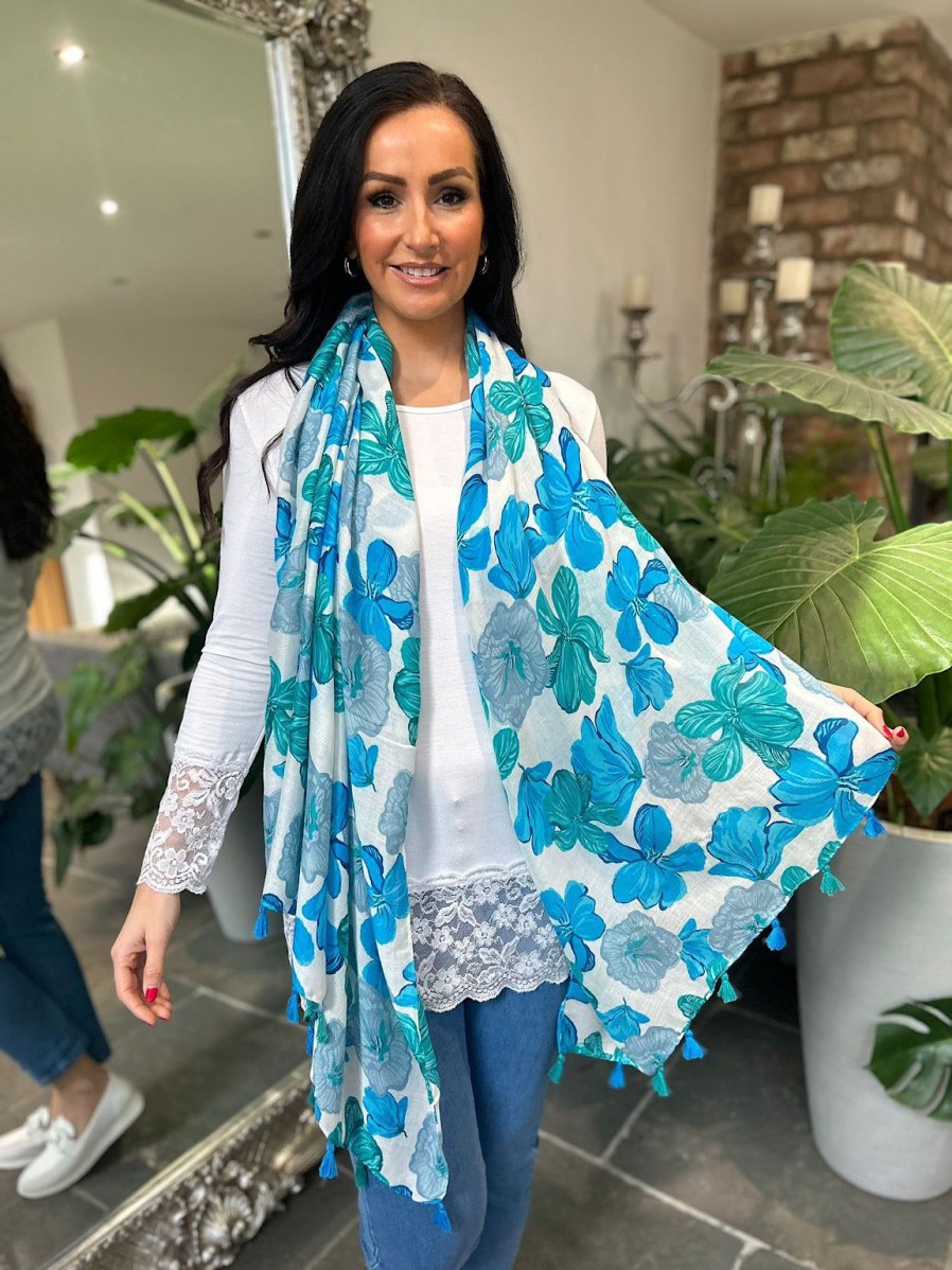 Bags & Accessories Twenty One Fashion | Blue Plumeria Flower Raw Edge Scarf