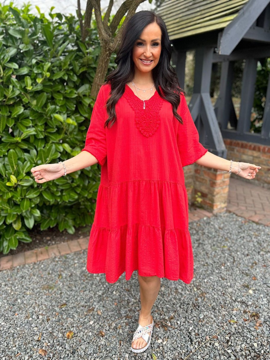 Clothing Elisa Ye | Red Crochet Tiered Tunic Dress Brenda