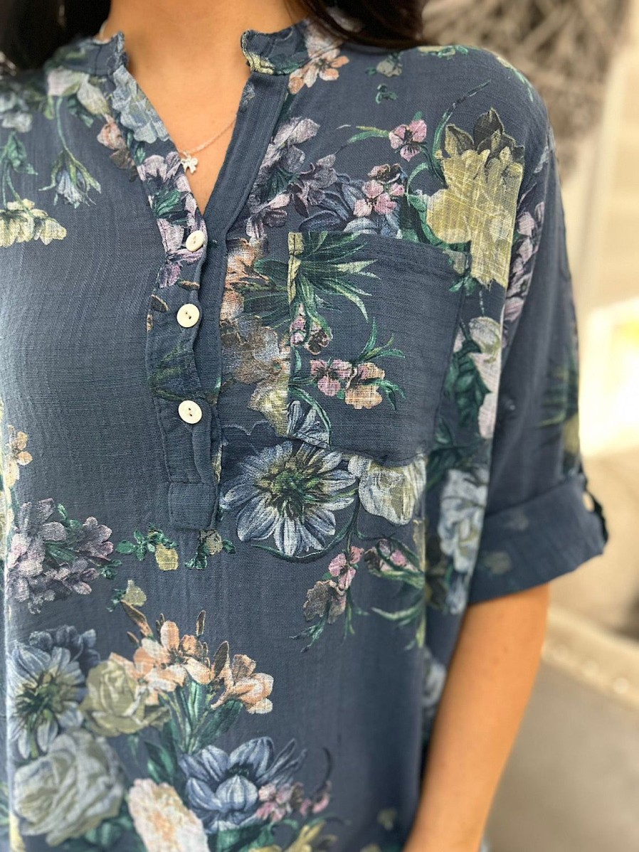 Clothing Prospero Shirts & Blouses | Denim Flower Button Detail Blouse Eve