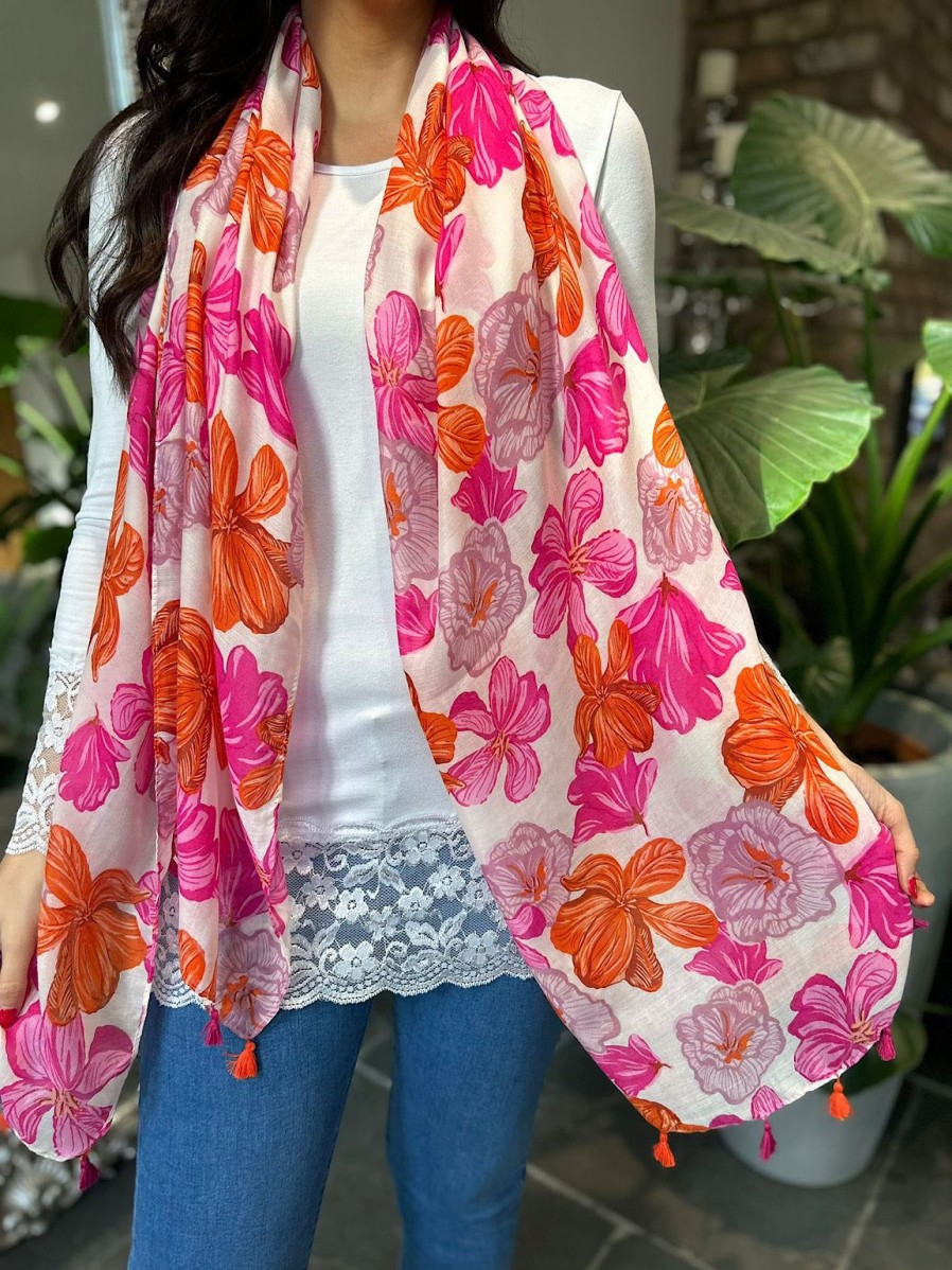 Bags & Accessories Twenty One Fashion | Pink Plumeria Flower Raw Edge Scarf