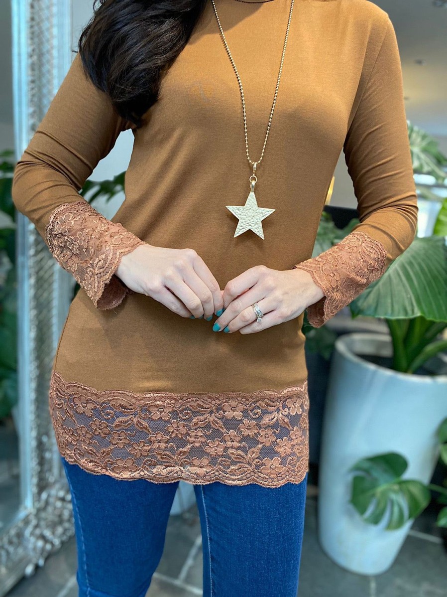 Clothing J&M | Tan Lace Trim Long Sleeve Top Ruth