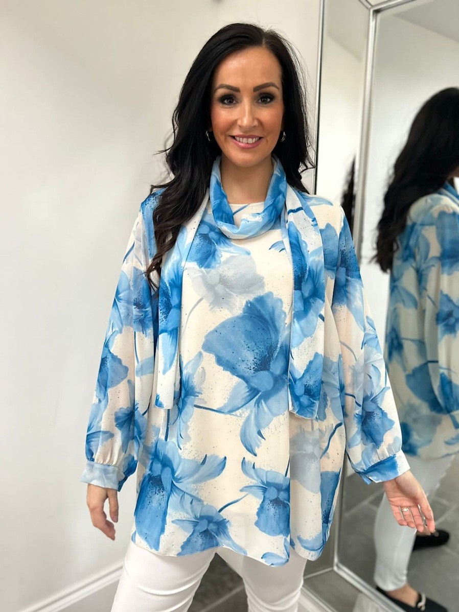 Clothing Paprika Shirts & Blouses | Blue Floral Long Line Scarf Blouse Tia