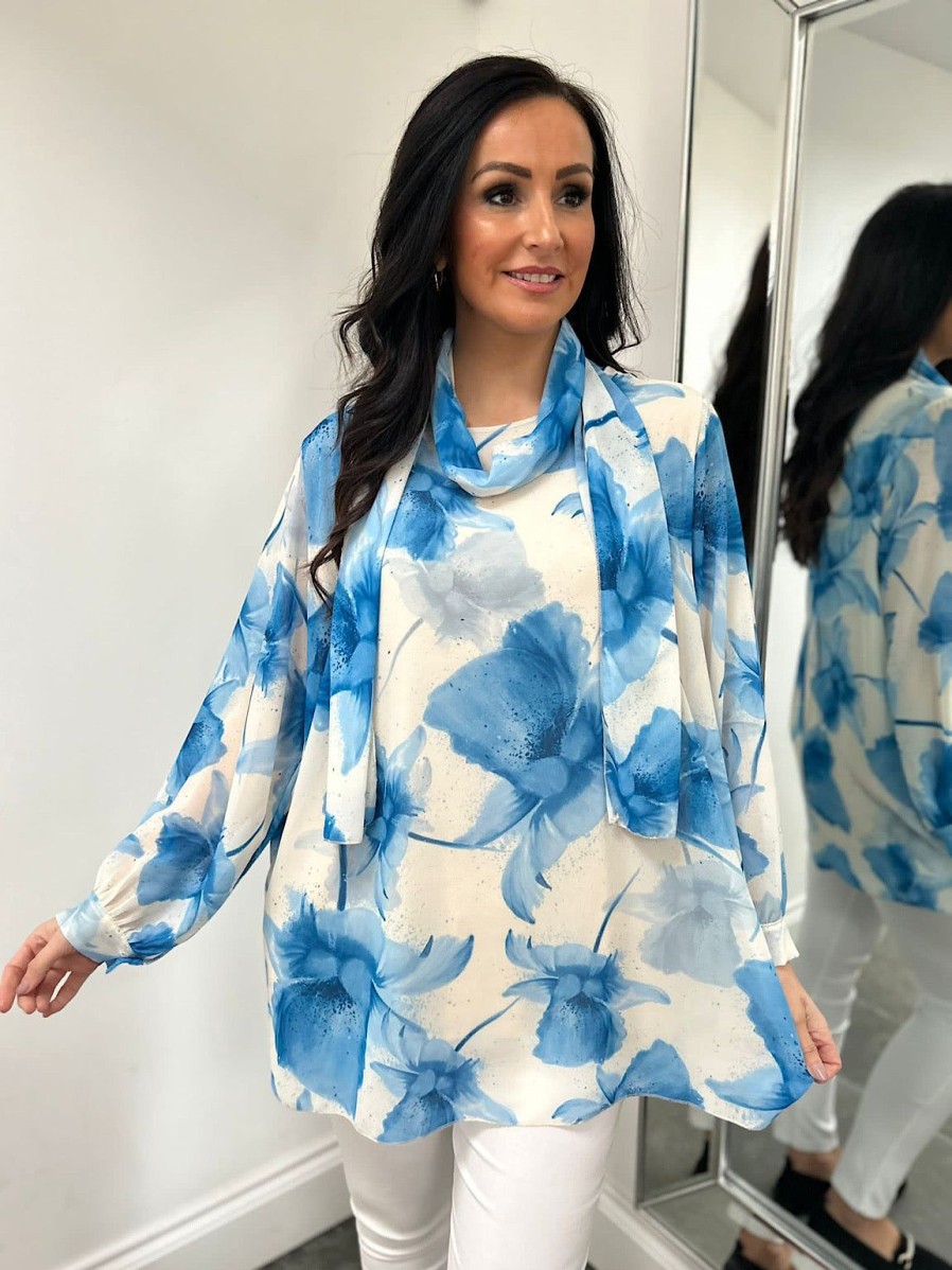 Clothing Paprika Shirts & Blouses | Blue Floral Long Line Scarf Blouse Tia