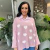 Clothing Paris Collection Chunky Knitwear | Pink V Neck Multi Heart Knit Kerry