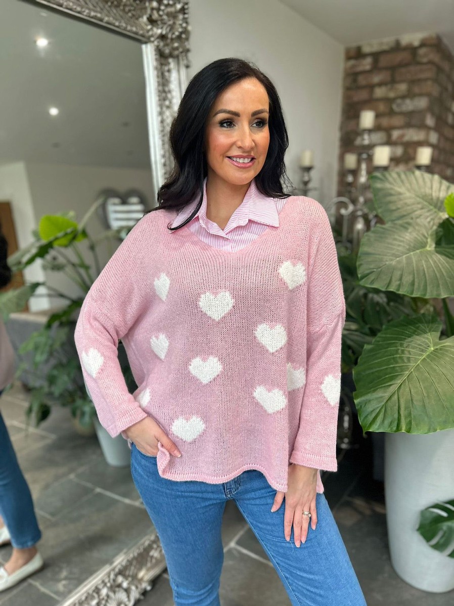 Clothing Paris Collection Chunky Knitwear | Pink V Neck Multi Heart Knit Kerry