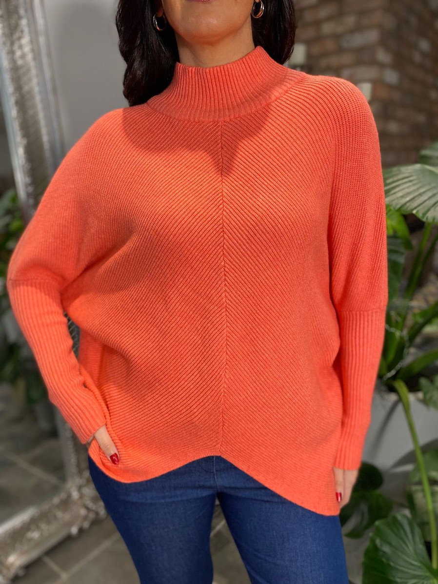 Clothing Glossy Premium Knitwear | Orange Ribbed Roll Neck Jumper Joelle