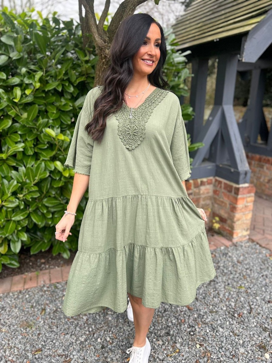 Clothing Elisa Ye | Khaki Crochet Tiered Tunic Dress Brenda