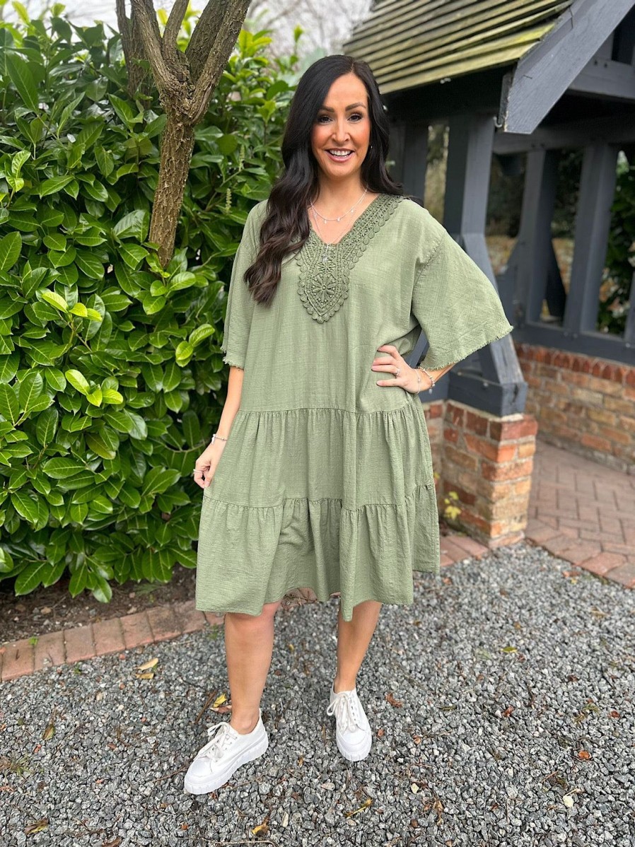 Clothing Elisa Ye | Khaki Crochet Tiered Tunic Dress Brenda