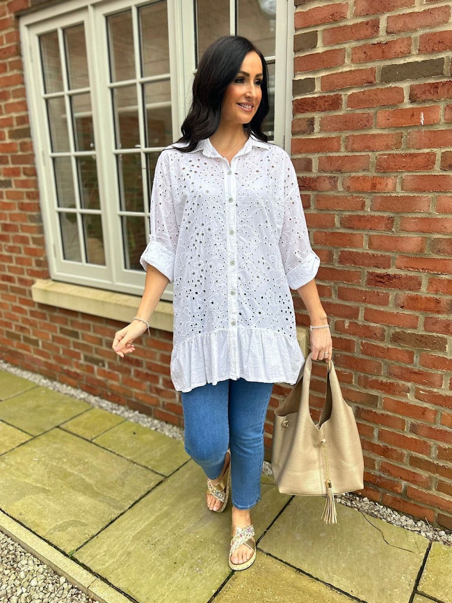 Clothing Elisa Ye Shirts & Blouses | White Broderie Anglaise Frill Hem Tunic Devon