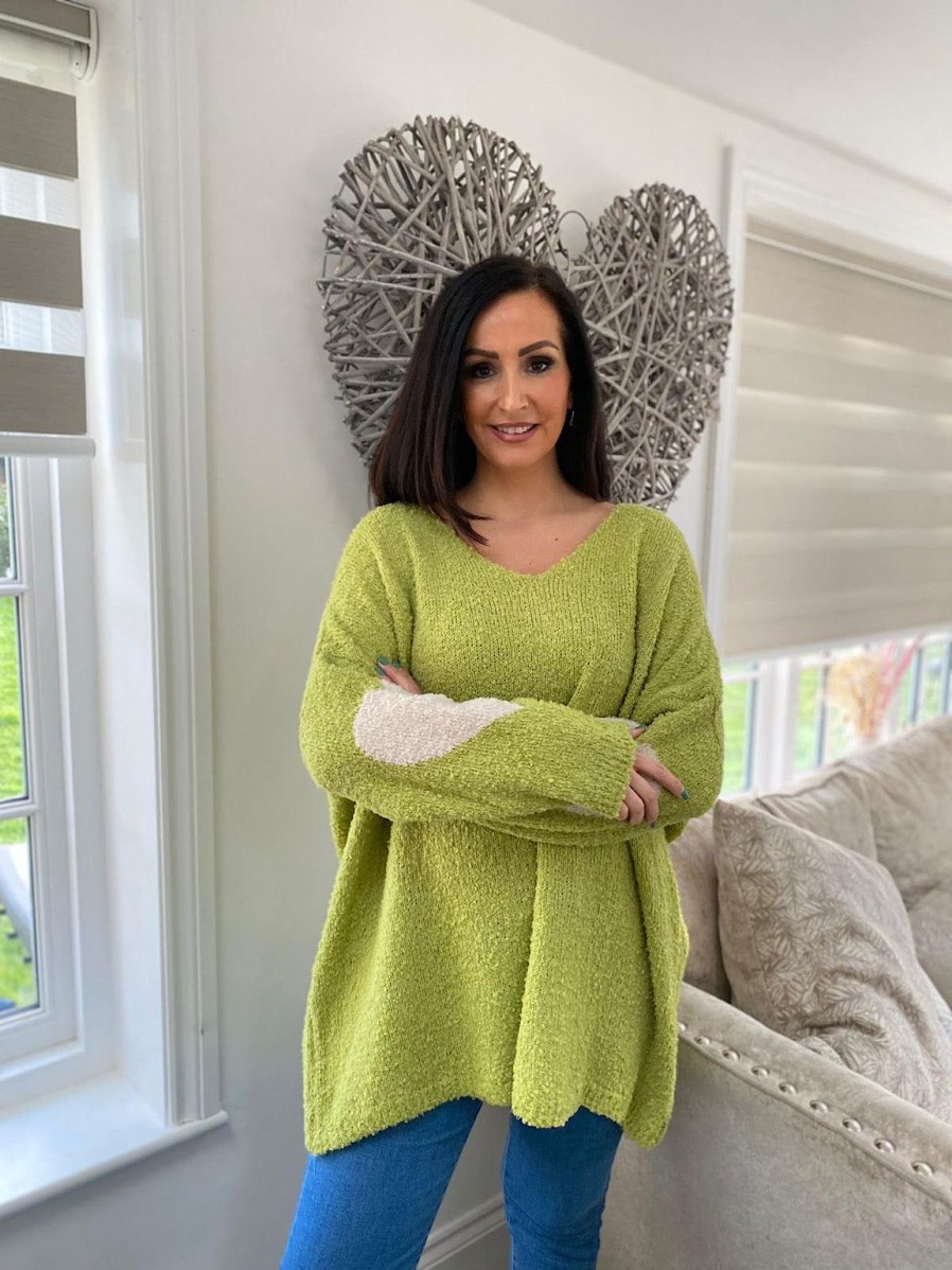 Clothing Paris Collection Chunky Knitwear | Lime Premium Popcorn Heart Knit Jumper Julie