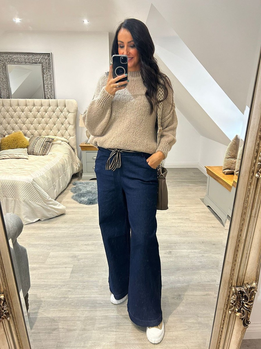 Clothing S&Y Trousers | Navy Wide Leg Comfort Fit Trousers