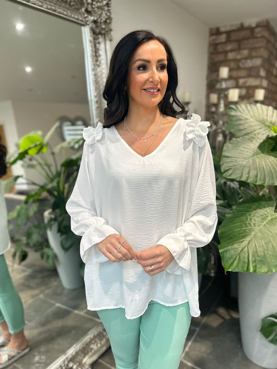 Clothing Shengtai Shirts & Blouses | White Crepe Frill Shoulder Blouse Danni