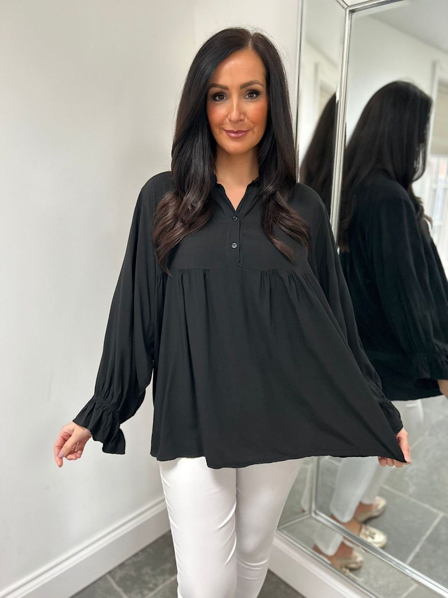 Clothing D-Style Long Sleeve | Black Lightweight Frill Sleeve Top Felicity