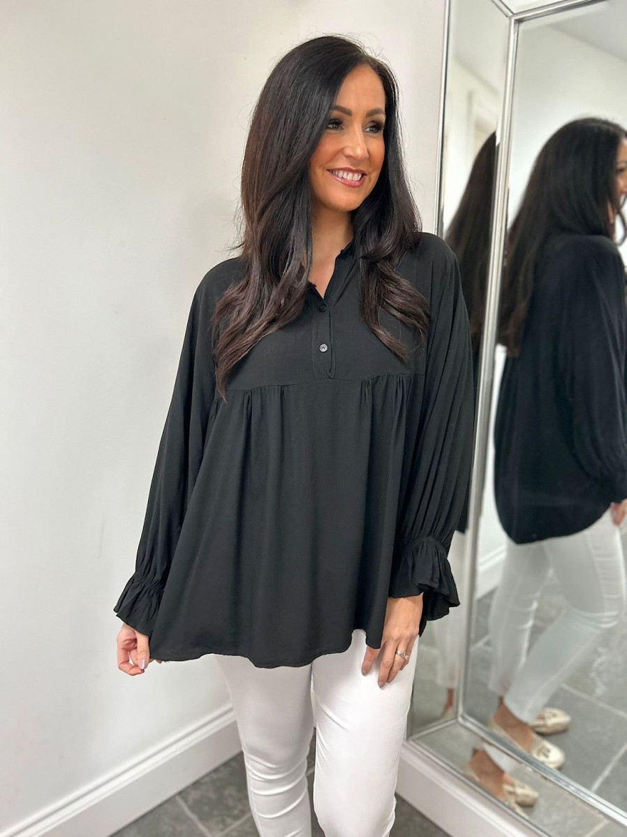 Clothing D-Style Long Sleeve | Black Lightweight Frill Sleeve Top Felicity