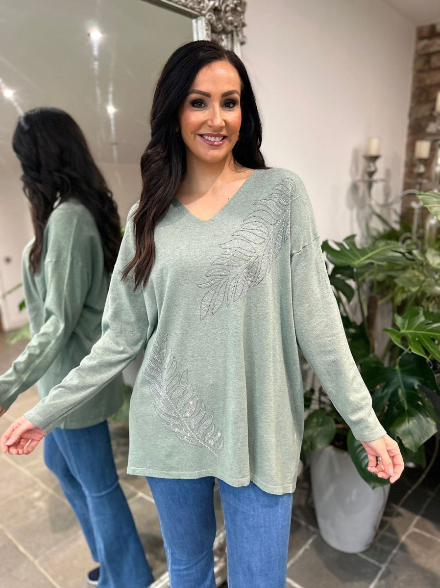 Clothing M&D Fashion Long Sleeve | Sage Diamante Leaf Detail Knit Frankie