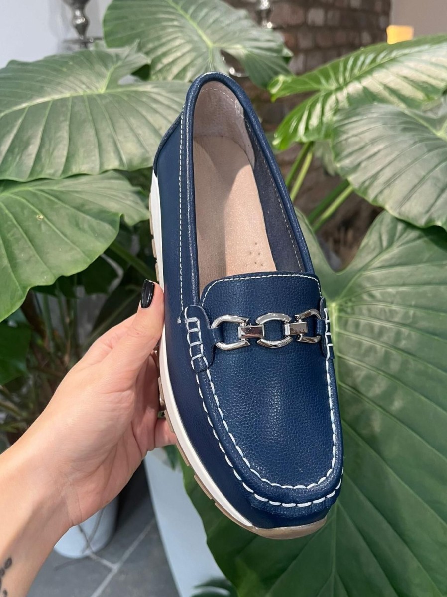 Footwear LJR Footwear | Navy Leather Buckle Loafer