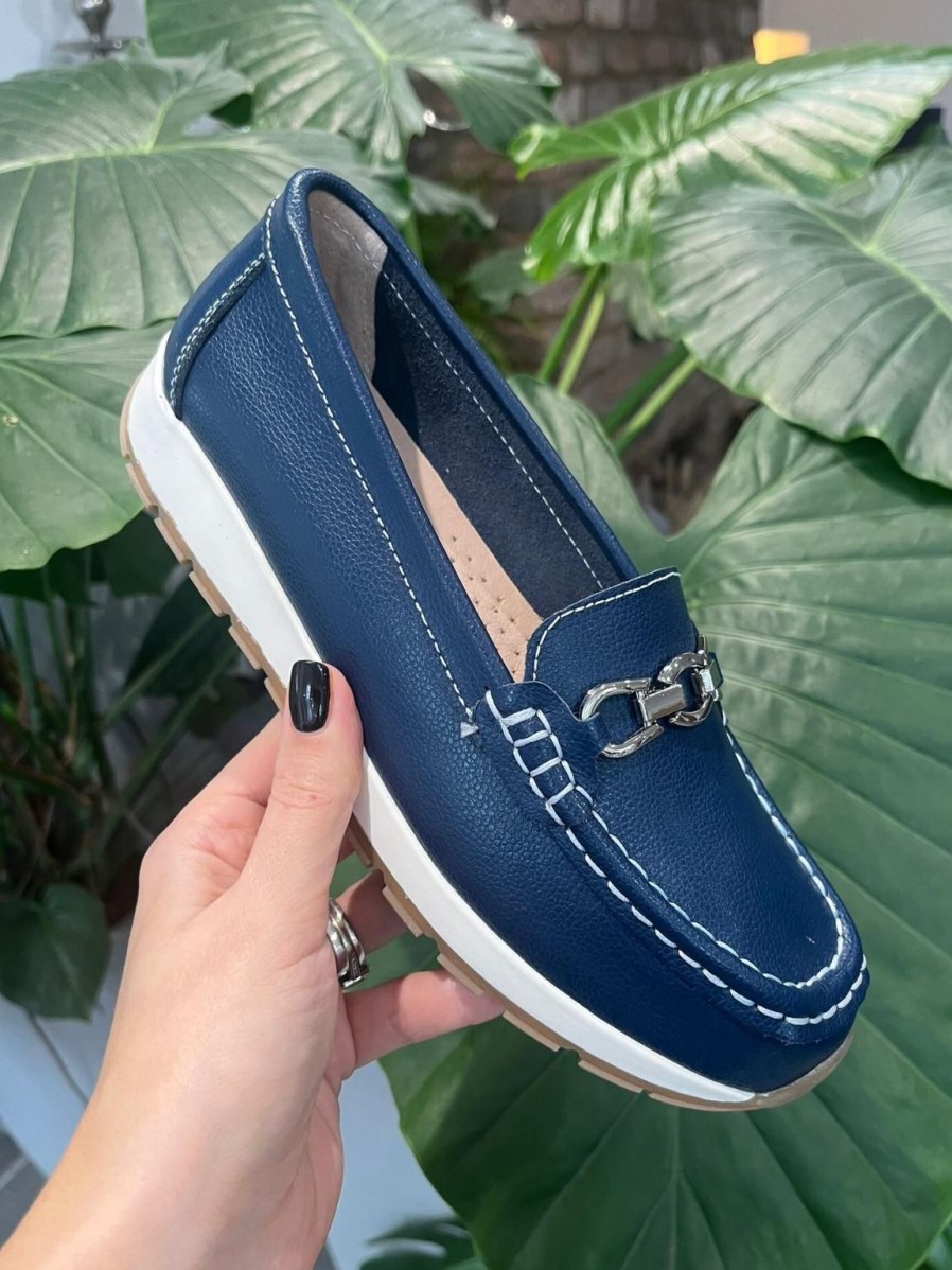 Footwear LJR Footwear | Navy Leather Buckle Loafer