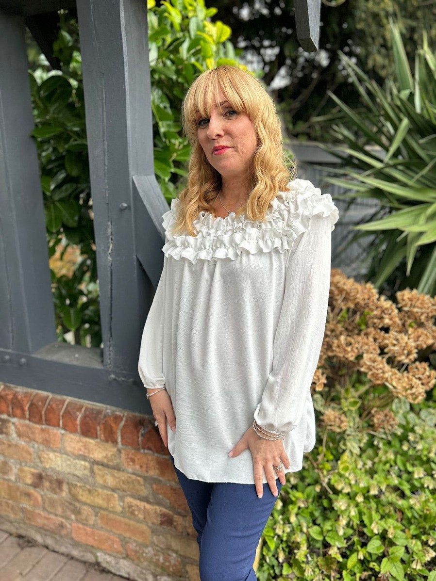 Clothing Gold Fashion Long Sleeve | White Ruffle Bardot Top Heidi