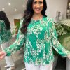 Clothing A.B.C Shirts & Blouses | Green Pleated Leopard Blouse Charlotte