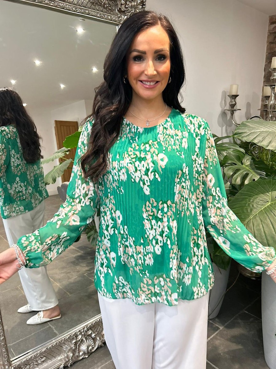 Clothing A.B.C Shirts & Blouses | Green Pleated Leopard Blouse Charlotte