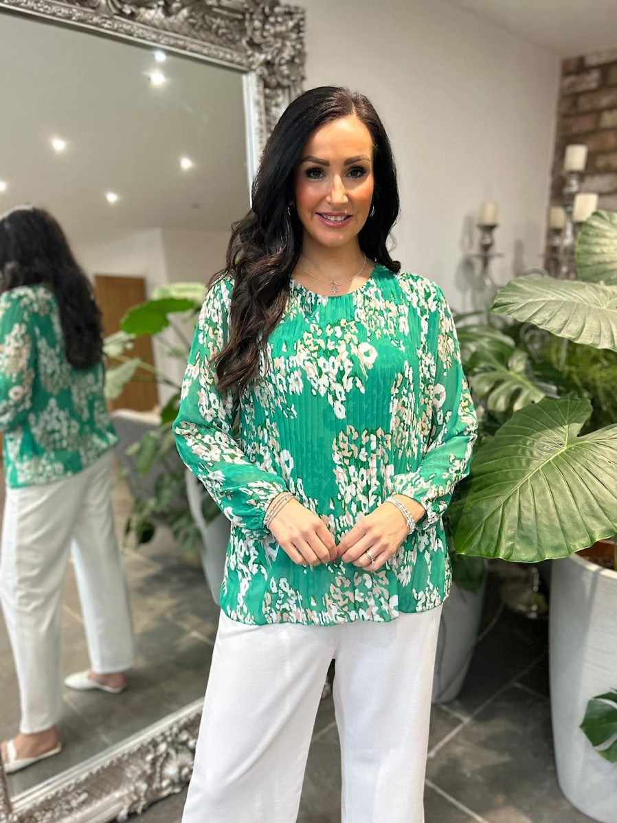 Clothing A.B.C Shirts & Blouses | Green Pleated Leopard Blouse Charlotte