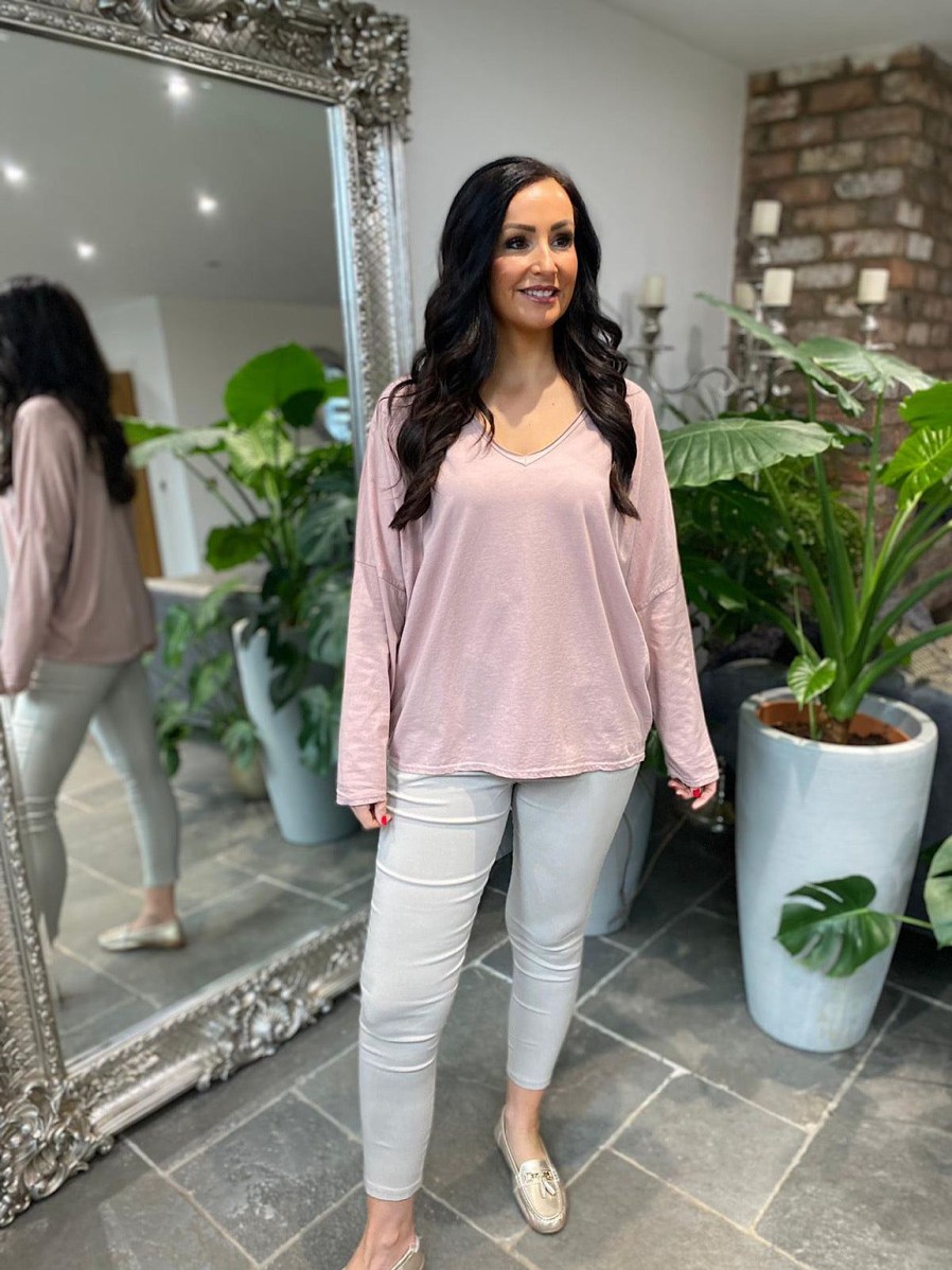 Clothing Anita Moda Long Sleeve | Pink V Neck Top Averi