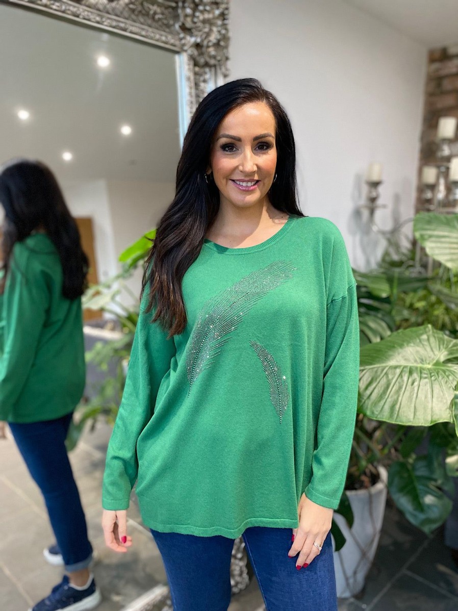 Clothing M&D Fashion Long Sleeve | Green Diamante Feather Knit Rosie