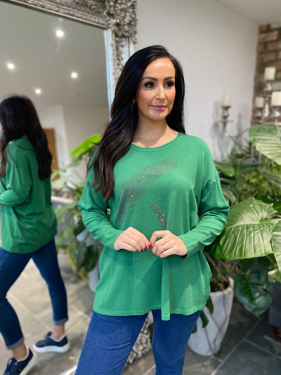 Clothing M&D Fashion Long Sleeve | Green Diamante Feather Knit Rosie