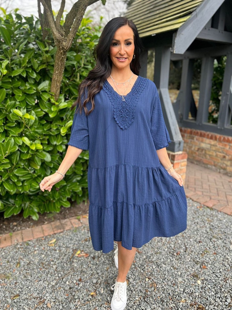 Clothing Elisa Ye | Navy Crochet Tiered Tunic Dress Brenda