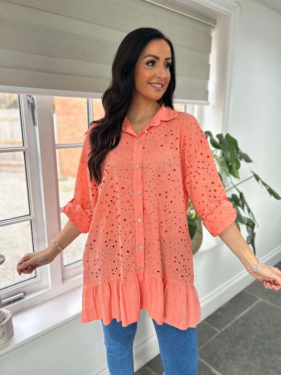 Clothing Elisa Ye Shirts & Blouses | Peach Broderie Anglaise Frill Hem Tunic Devon