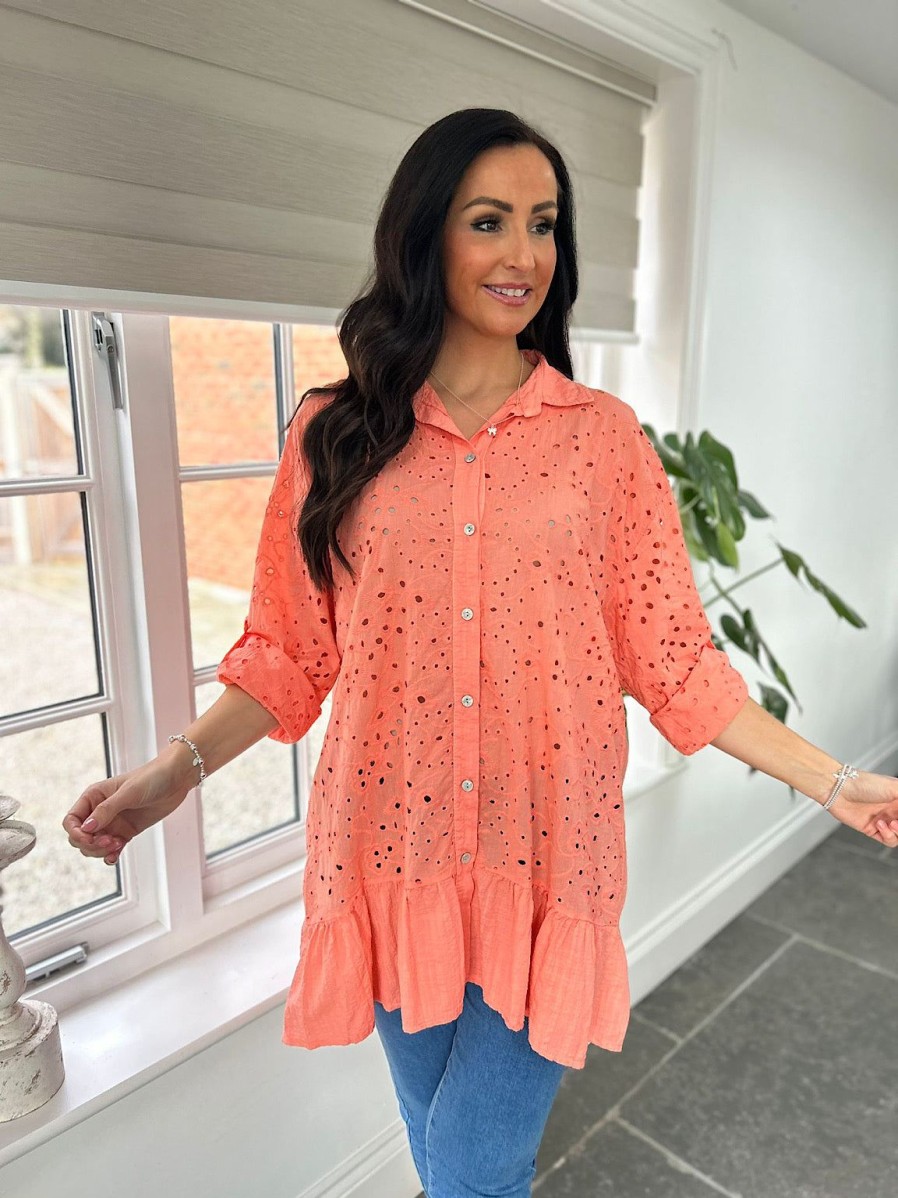 Clothing Elisa Ye Shirts & Blouses | Peach Broderie Anglaise Frill Hem Tunic Devon