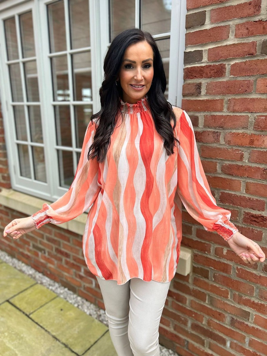 Clothing Shengtai Shirts & Blouses | Orange High Neck Brushstroke Stripe Blouse Susan