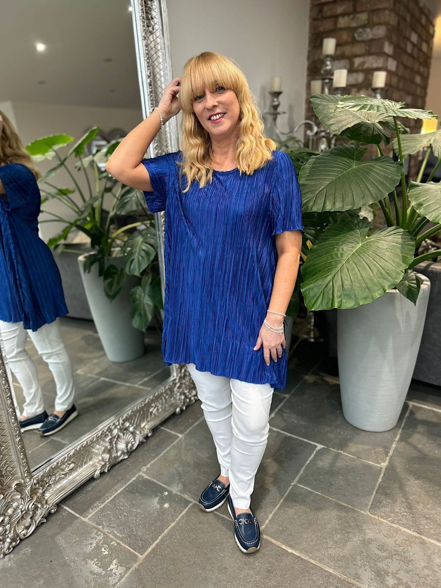 Clothing G9 Shirts & Blouses | Royal Blue Shimmer Pleated Blouse Bailey