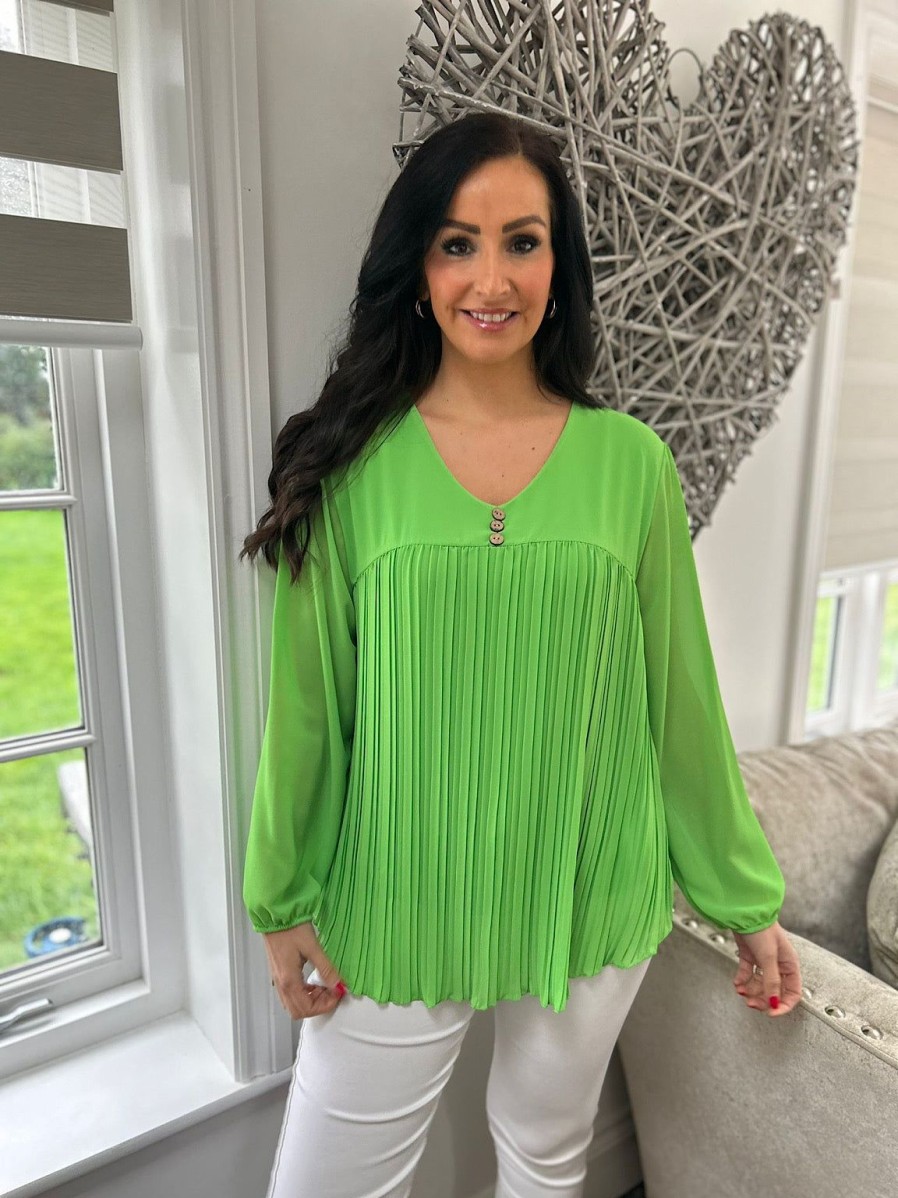 Clothing A.B.C Shirts & Blouses | Green Button Pleated Blouse Hilary