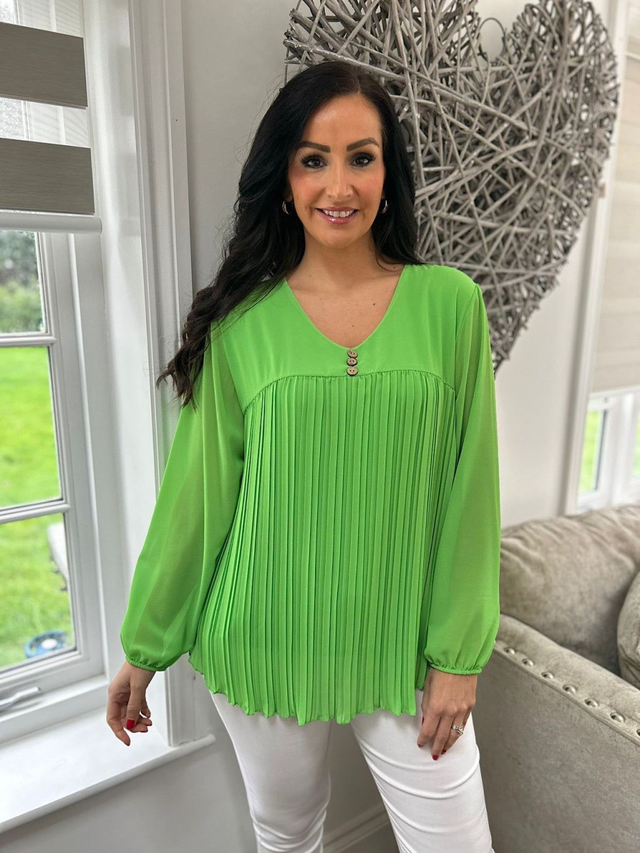 Clothing A.B.C Shirts & Blouses | Green Button Pleated Blouse Hilary