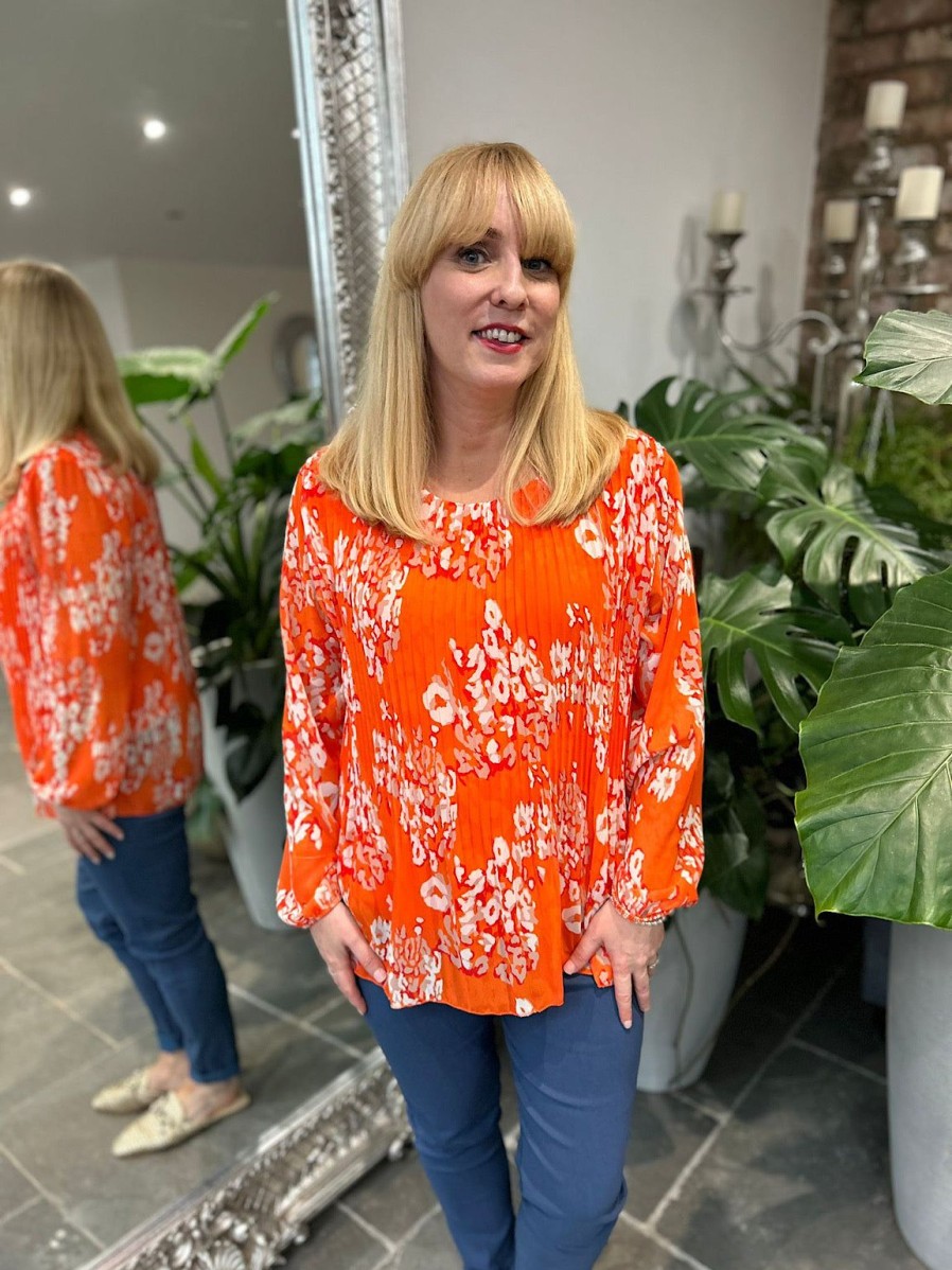 Clothing A.B.C Shirts & Blouses | Orange Pleated Leopard Blouse Charlotte