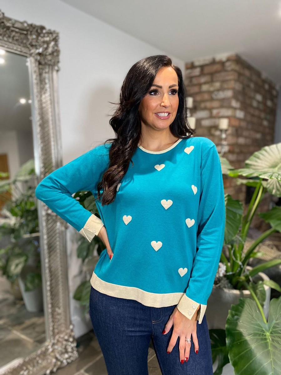 Clothing Fan Chang Fine Knit | Teal Multi Shimmer Heart Knit Suzie