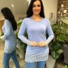 Clothing J&M Long Sleeve | Blue Lace Trim Round Neck Top Ruth