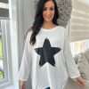 Clothing Tip Top Moda Long Sleeve | White Round Neck Side Zip Star Top Jess